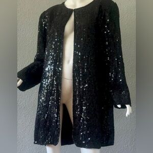 80’s JEWEL QUEEN SILK /BEAD SEQUIN LONGLINE OPEN JACKET 3/4 SLEEVE SIZE SMALL